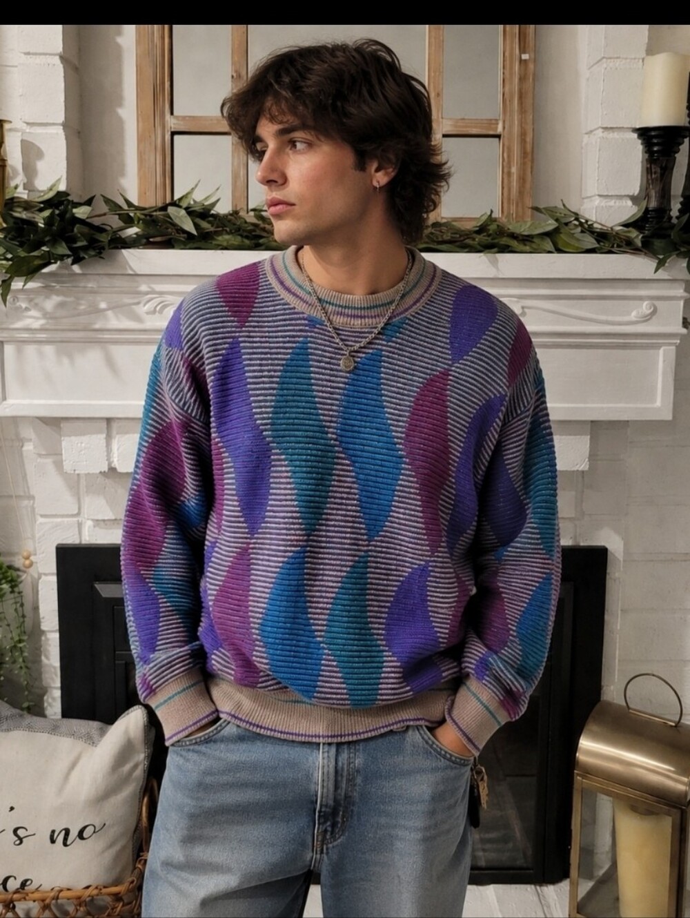 Alexander Julian 90's 3D Knit Colorful Abstract Unisex Crewneck Sweater Medium